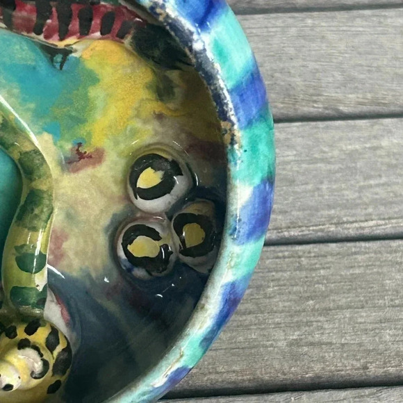 Italian Rustic Hand Painted Grotesque Majolica Pottery Sea Life Footed Dish Bowl - Picture 7 of 13